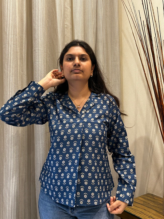 Bagh: Neeli Buti Full sleeve collar top