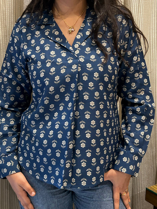 Bagh: Neeli Buti Full sleeve collar top